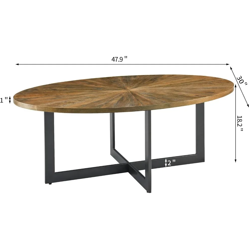 Solid Wood Oval Coffee Table with Cross Metal Legs, 47.9" Industrail Bar Cocktail Table for Living Room Kitchen Office 3