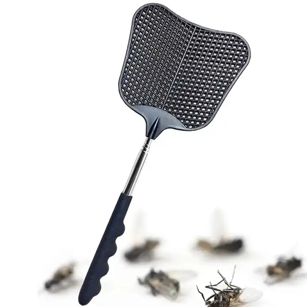 Black mosquito fly killing plastic fly swatter retractable steel rod indoor outdoor use