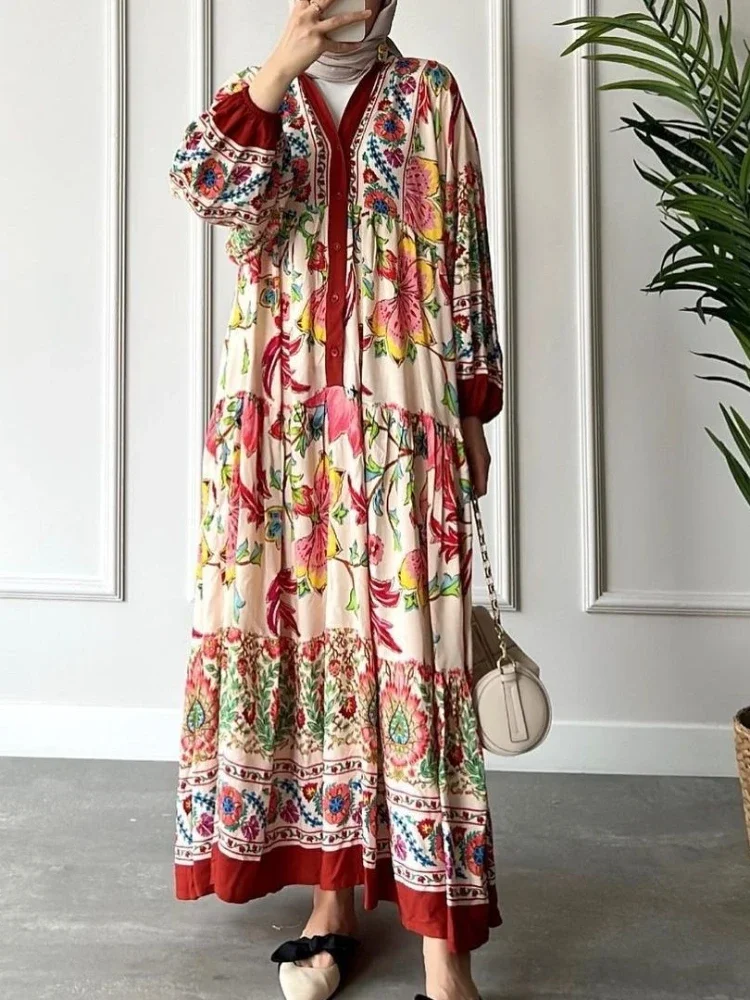 

Eid мусульманское платье для женщин Abaya печать Jalabiya Boho Макси платья для вечеринки Дубай абайя, кафтан Abaya ислам платья арабский длинный халат