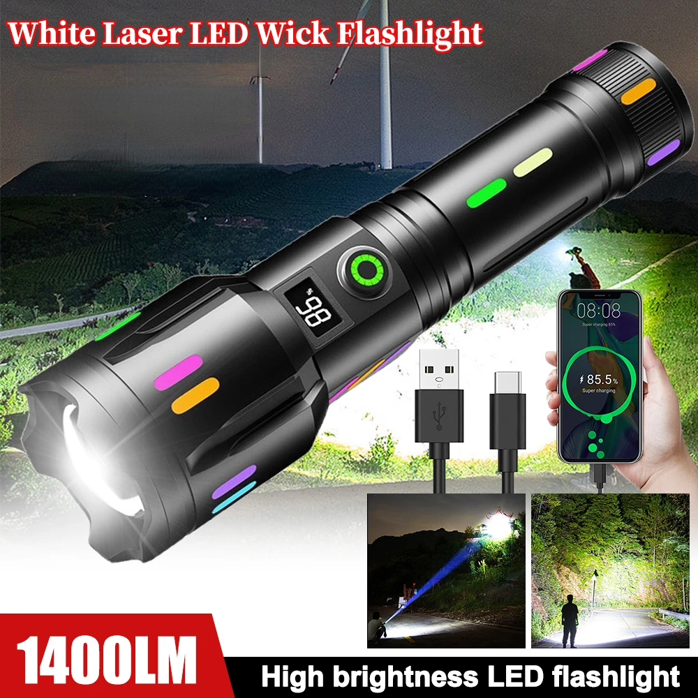 1400LM Long-Range White Laser Flashlight TYPE-C Rechargeable Camping Torch Zoomable Search Spotlight with Luminous Strips
