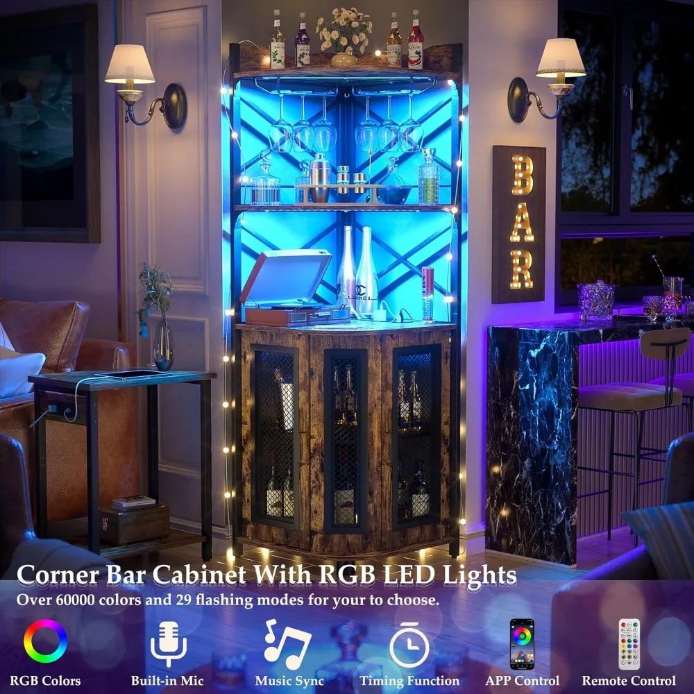 Corner Bar Cabinet with Power Outlet, Industrial Wine Cabinet with LED Strip and Glass Holder, 5-Tiers Liquor Bar Unit