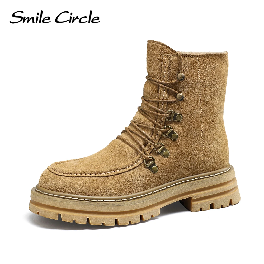 

Smile Circle Women Ankle Boots Winter Keep Warm Plush Cow Leather Platform Boots Round Toe Lace-up Non-slip Snow Boots