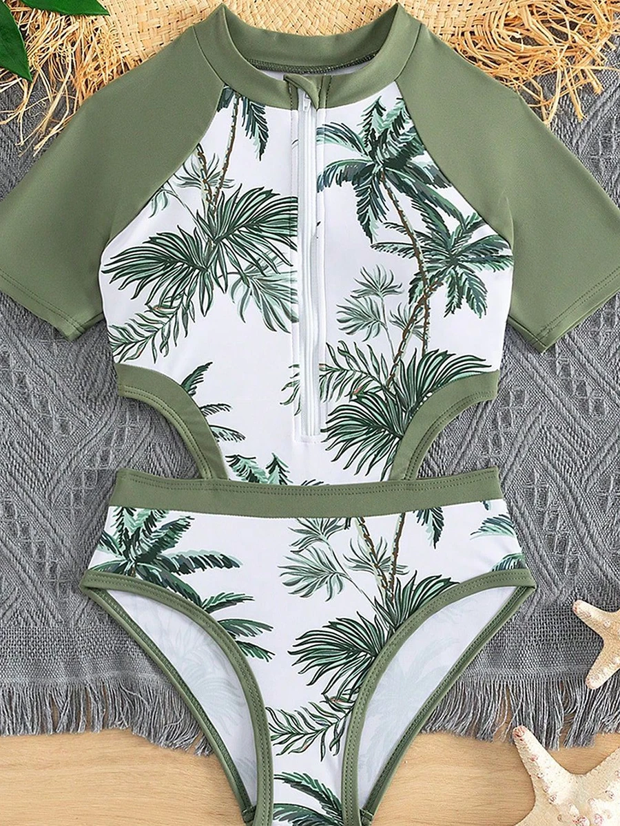 2025 Print Hollow Girls Swimsuit One Piece Green Kids Swimwear Female Children's Bathers Bathing Swimming Swim Suit Beachwear