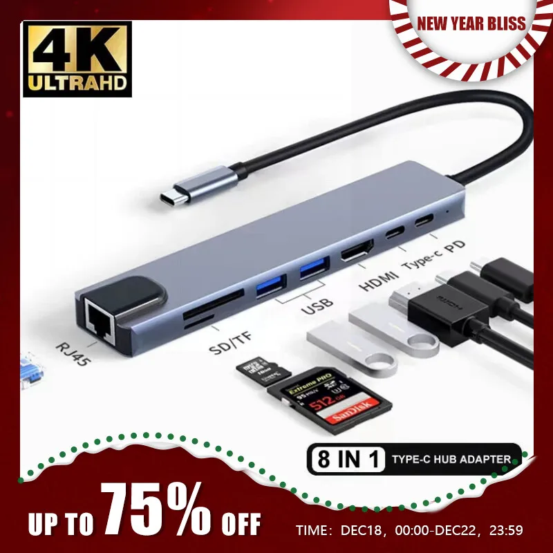   USB 타입 C 허브 어댑터, SD Tf Rj45 카드 리더기, 맥북 노트북 컴퓨터용 Pd 고속 충전, 8 in 1, 3 1 to 4k HDMI 