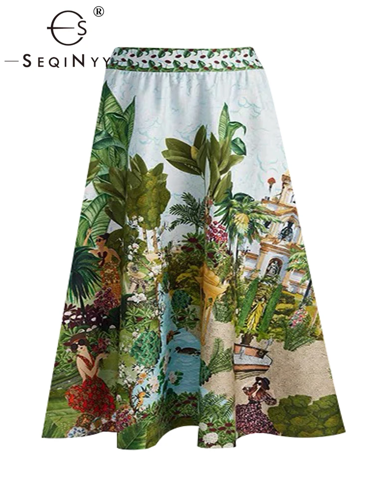 

SEQINYY Blue Skirt Summer Spring New Fashion Design High Street Women Runway Vintage Leaf Print A-Line Midi Casual Holiday