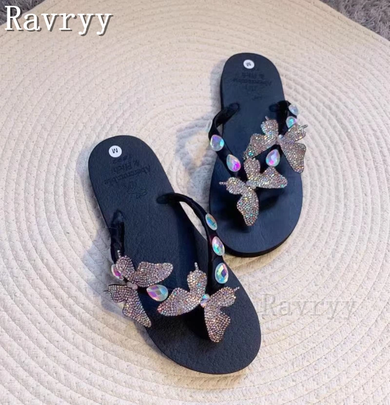 Bling Diamond Butterfly Soft Bottom Slippers Women Shine Rhinestones Flat Heel Flip-Flops Summer Beach Outdoor Shoes