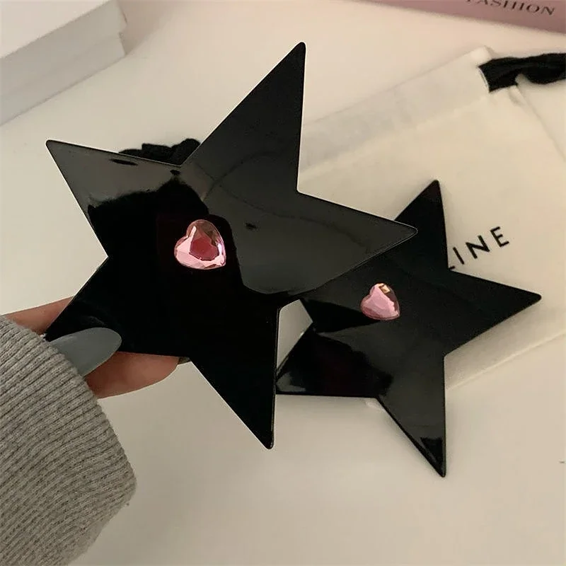 

New Cool Y2k Hairpin for Women Korean Pink Heart Rhinestone Black Star Hair Claw Large Pentagram Shark Clip Fashion Headwear