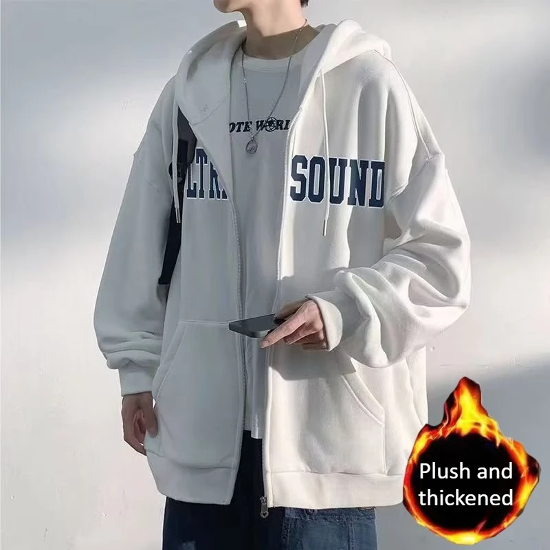 Fanceey 캐주얼 남성 플러시 안감 후드 자켓 지퍼 업 스웨트 따뜻한 겨울 코트 streetwear 패션 풀오버 겉옷 청소년