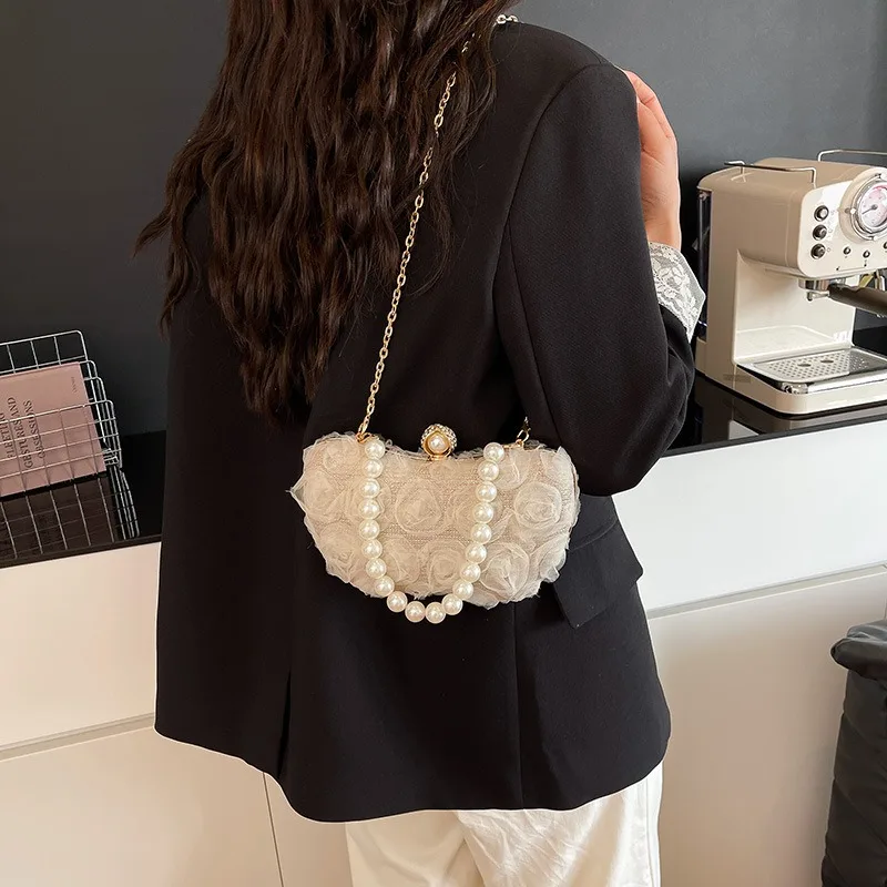Elegant Evening Clutch Bag Women's New Satin Flower Pearl Chain Handbag Shoulder Ladies Party Banquet Crossbody Bag