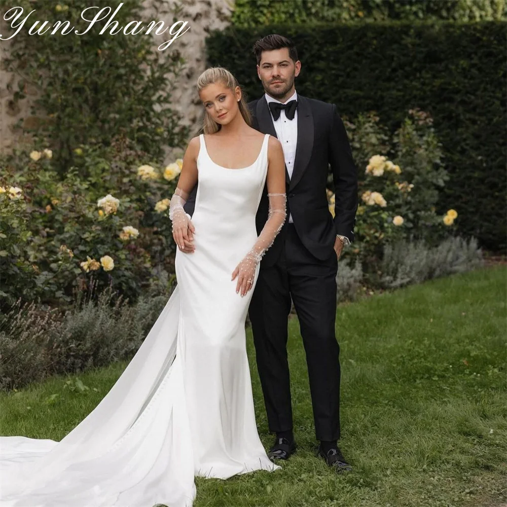 

Yunshang Elegant Mermaid Wedding Dress Women Open Back Spaghetti Straps Square Collar Bridal Gown Sweep Train Vestidos De Novia