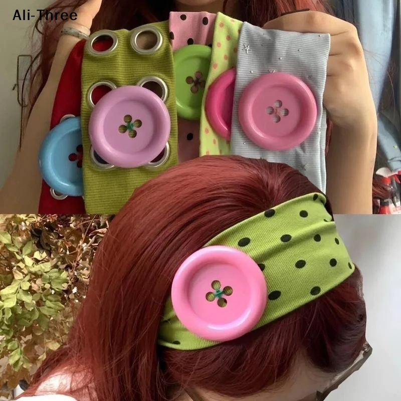 Summer Dopamine Large Button Wave Dot Headband Fashionable Ins Style Elastic Headband Colorful Hair Accessories For Women Girls 2