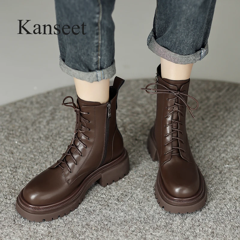 

Kanseet New Round Toe Women's Short Boots Autumn Winter Zipper Genuine Leather Brown Platform Ladies Thick Heels Ankle Boots 40