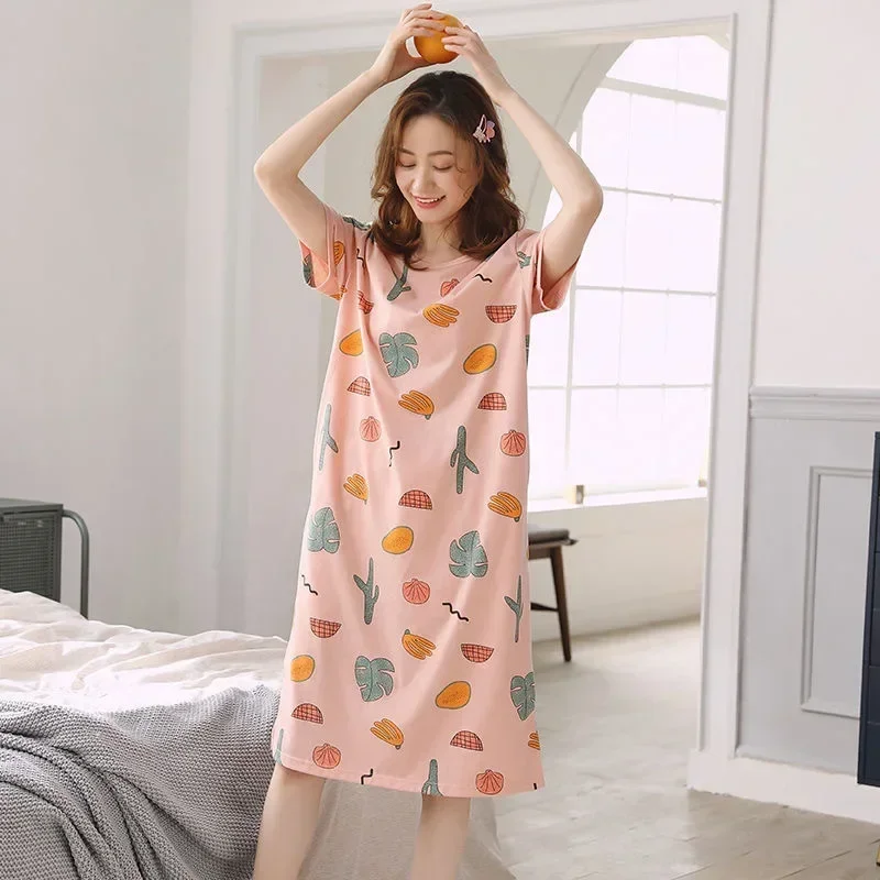 Women Sleeping Dress Korean Short Sleeve Nightgown Summer Plus Size Ladies Sleepwear Lounge Cartoon Print Pajamas Cute