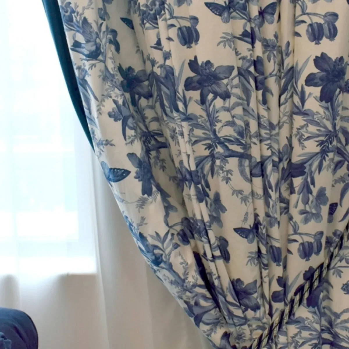Chinese Style Flowers Birds Butterflie Blue and White Printing Curtains for Living Room Bedroom French Window Balcony Customized 4