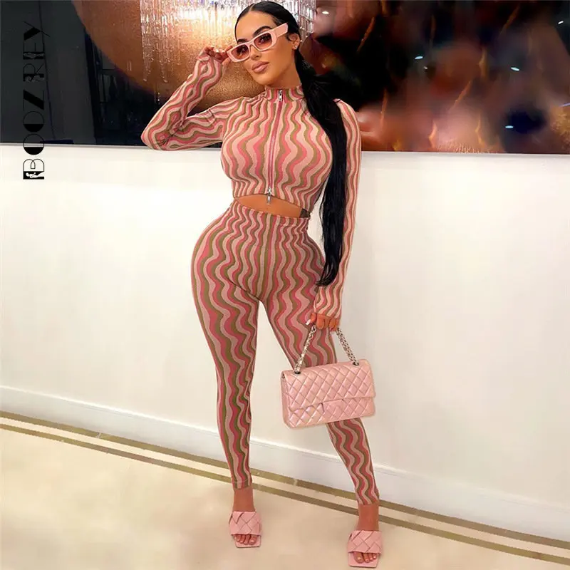 

BoozRey Wave Pattern Print Tracksuit Women Autumn Sexy Zipper Long Sleeve Crop Top Pants Skinny Club Party Two Piece Set Outfits