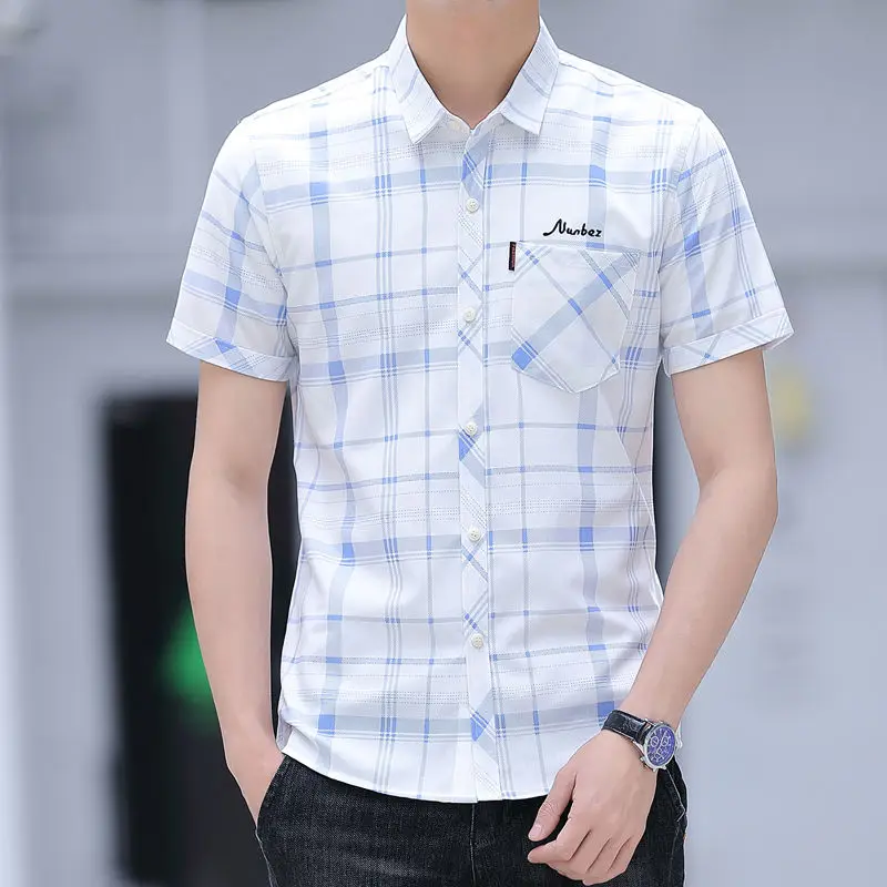Men's Plaid Checkered Print Short Sleeve Cotton Shirt Front Patch Chest Pocket Button-down Thin Business Casual Shirts E72