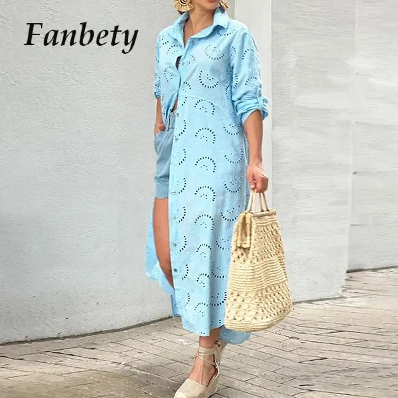 

Women Fashion White Hollow Out Embroidered Dress Shirt Cotton Casual Dress Autumn Street Loose Turn-Down Collar Maxi Dress Robe