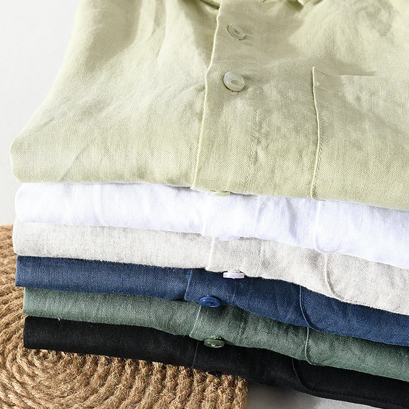 923 100% Linen Men's Summer Fashion Shirt High Quality Solid Color Simple Casual Short Sleeve Blouses Basic Thin Breathable Tops 3