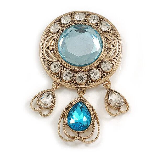 Broche Dorée Avec Cristaux Bleus Stress - Cercles Et Ronds, Occasion, Fabriqué En France