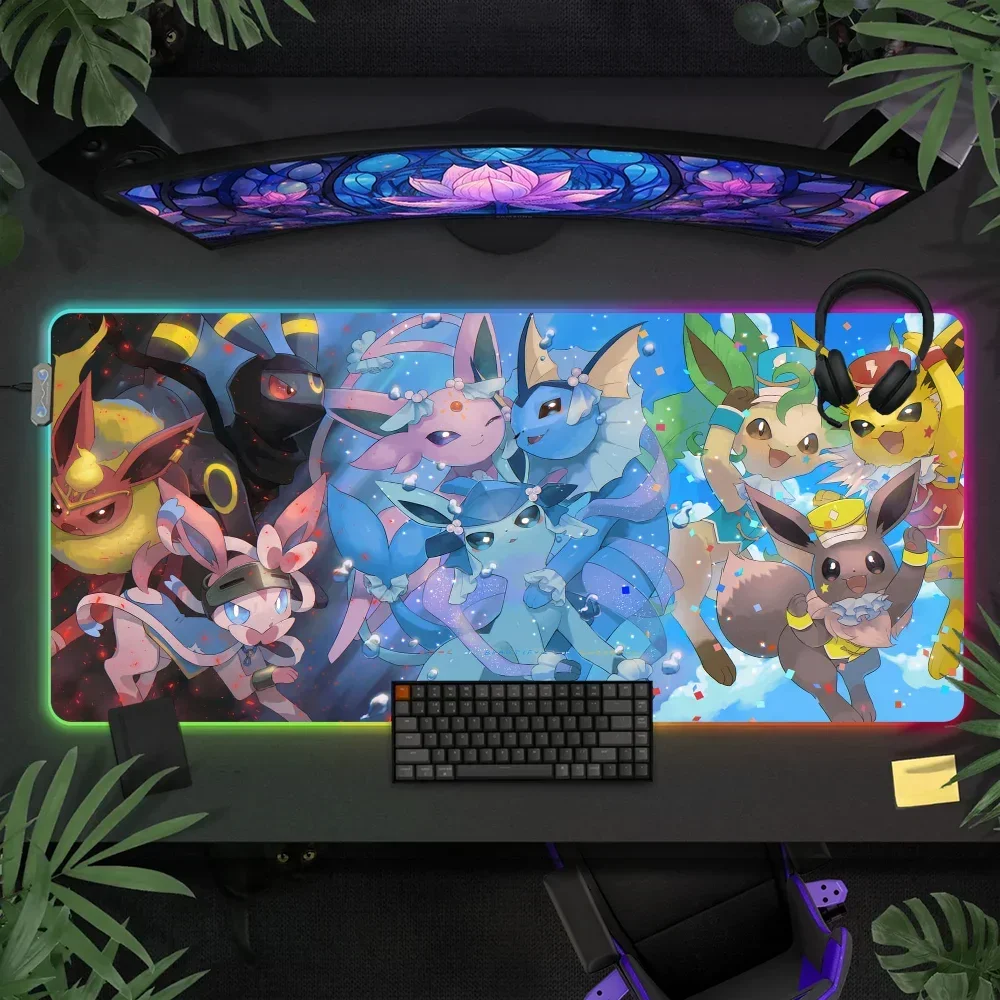 Cute E-eevees LED Light RGB Keyboard Cover Desk-mat Colorful Surface Multi-size World PC Gamer Luminous Mouse Pad 6