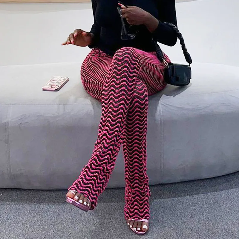 Description Picture 5 of itemBOOFEENAA Black and White Wave Striped Knitted Pant for Woman Y2k Streetwear Sexy High Waist Extra Long Stacked Pants C66-CF26