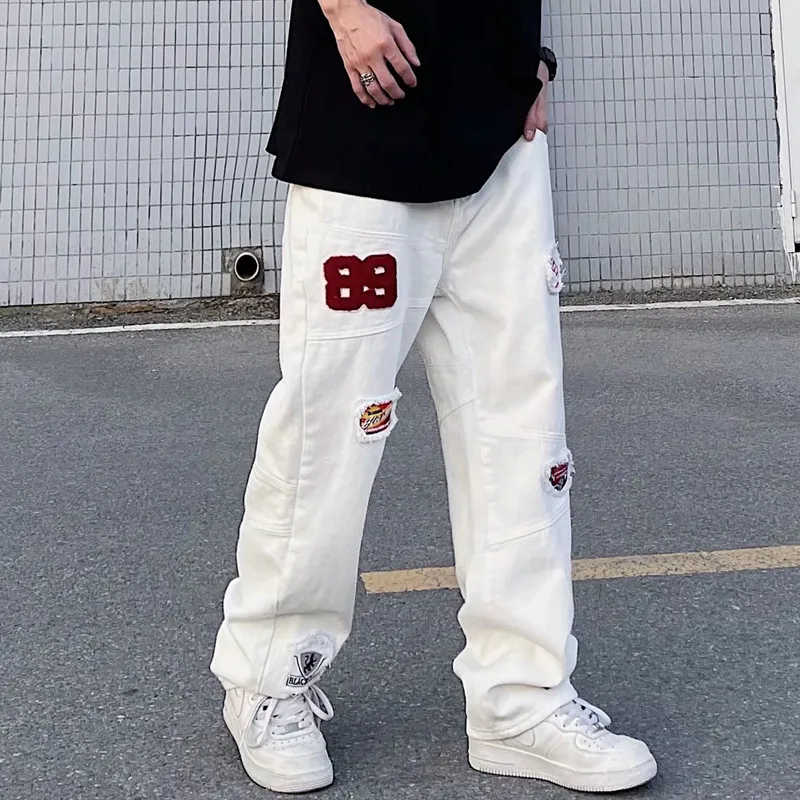 Vibe Patch Embroidery White Hip Hop Men Cargo Jeans Pants Y2K Clothes Multiple Pockets Straight Baggy Long Trousers Ropa Hombre