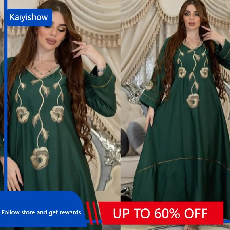 

Женское платье-абайя с длинным рукавом, длинное зеленое платье в мусульманском стиле с V-образным вырезом, осень-лето 2023