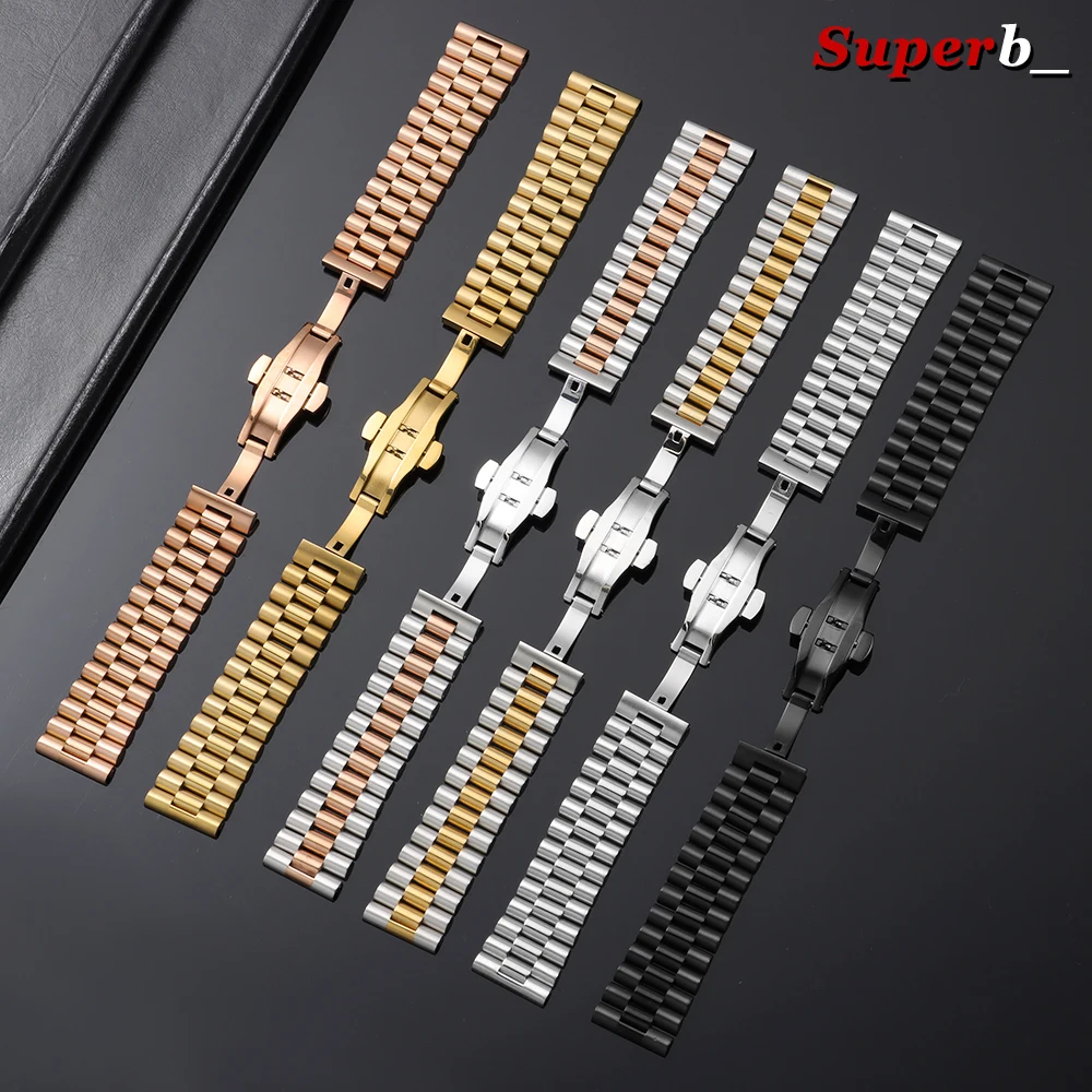 Premium Curved End Stainless Steel Watch Bracelet with Butterfly Buckle