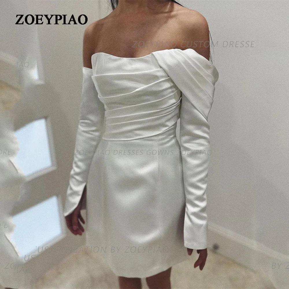 

White Button Back Mini Prom Dresses Evening Dress Elegant Off Shoulder Detachable Sleeves Wedding Dress Gowns vestidos de fie