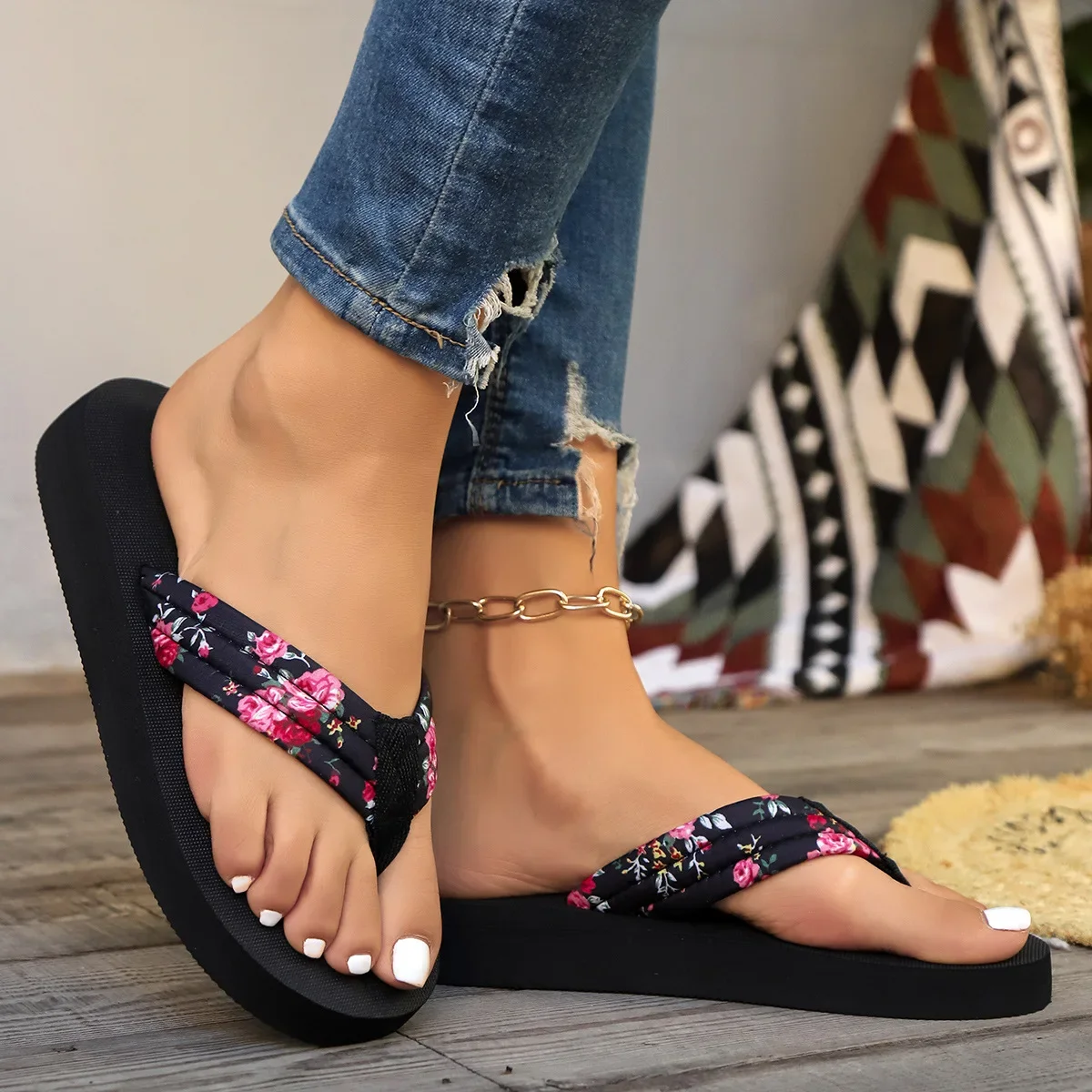 Women Summer Slipper Bohemian Satin Ribbon Female Flip Flop Beach