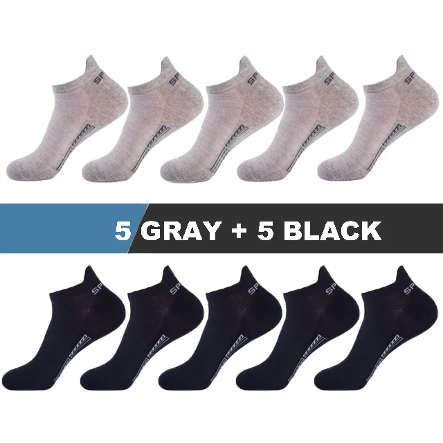 10Pairs/Lot High Quality Men Socks Ankle Breathable Cotton Sports Socks Mesh Casual Athletic Summer Thin Cut Short Sokken Gifts 5 gray 5 black