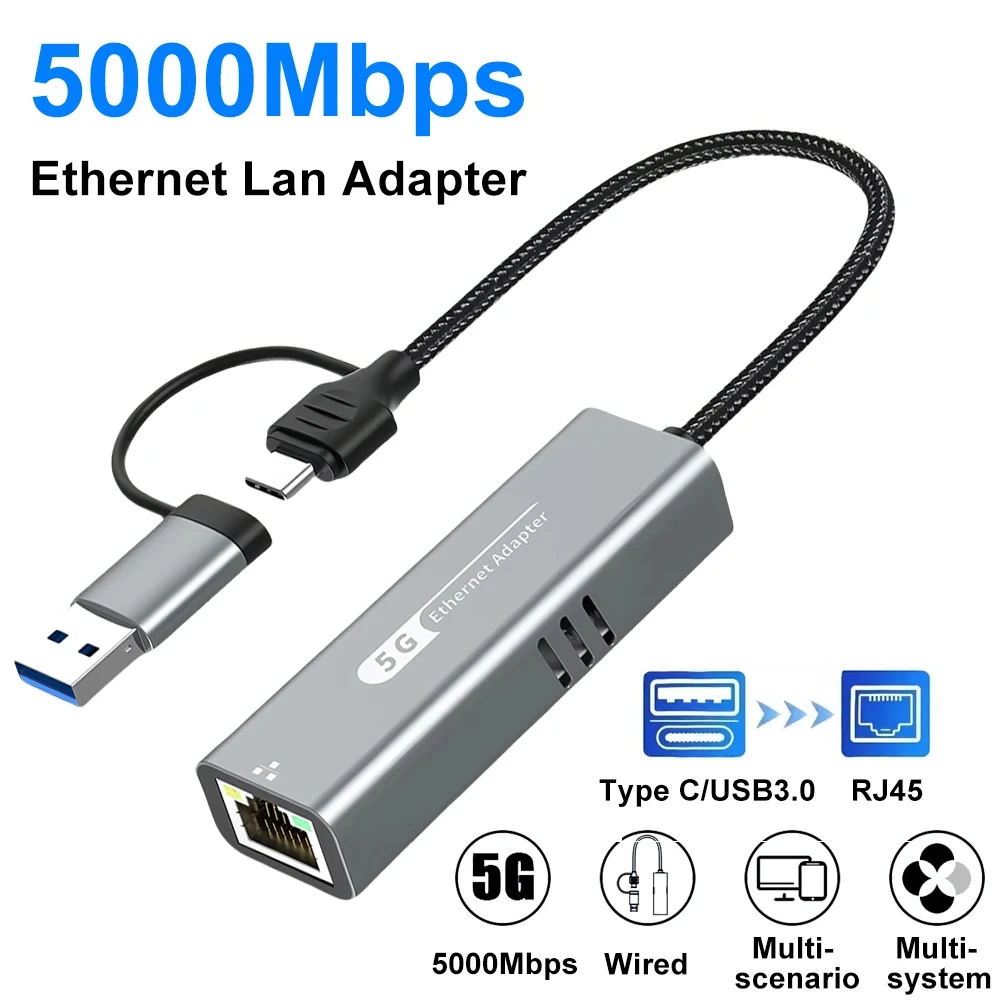 USB Ethernet Adapter USB3.1 Network 5000Mbps Card to Type C USB RJ45 Lan Adapter for Phone MacBook Laptop Desktop PC Accessories