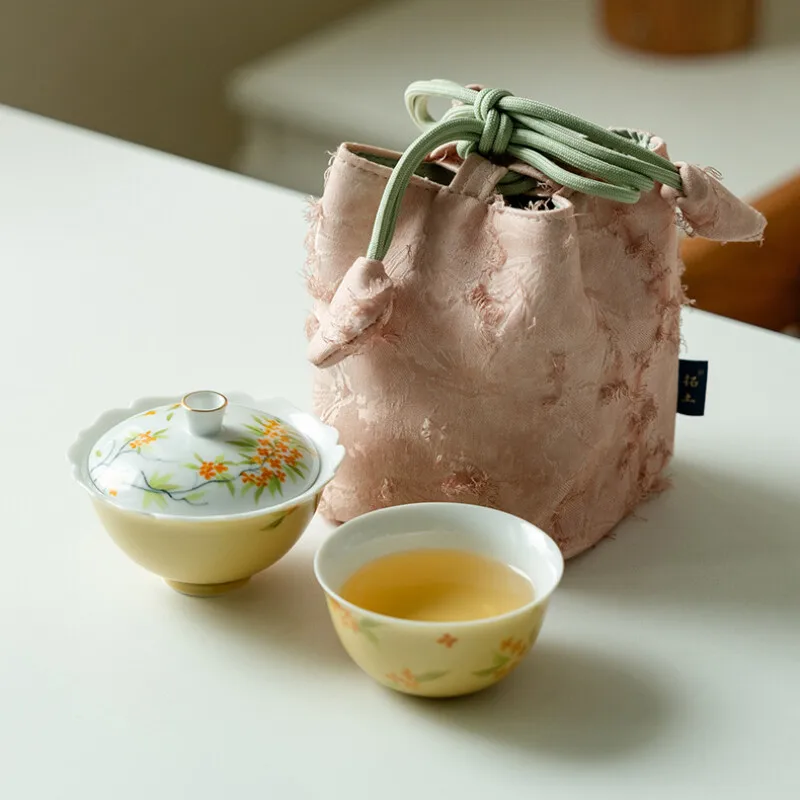 Hand-painted Osmanthus Flowers Travel Tea Set Kit Antique 1 Pot 1 Cups Tea Making Organizer Portable Picnic Tote Bag Supplies