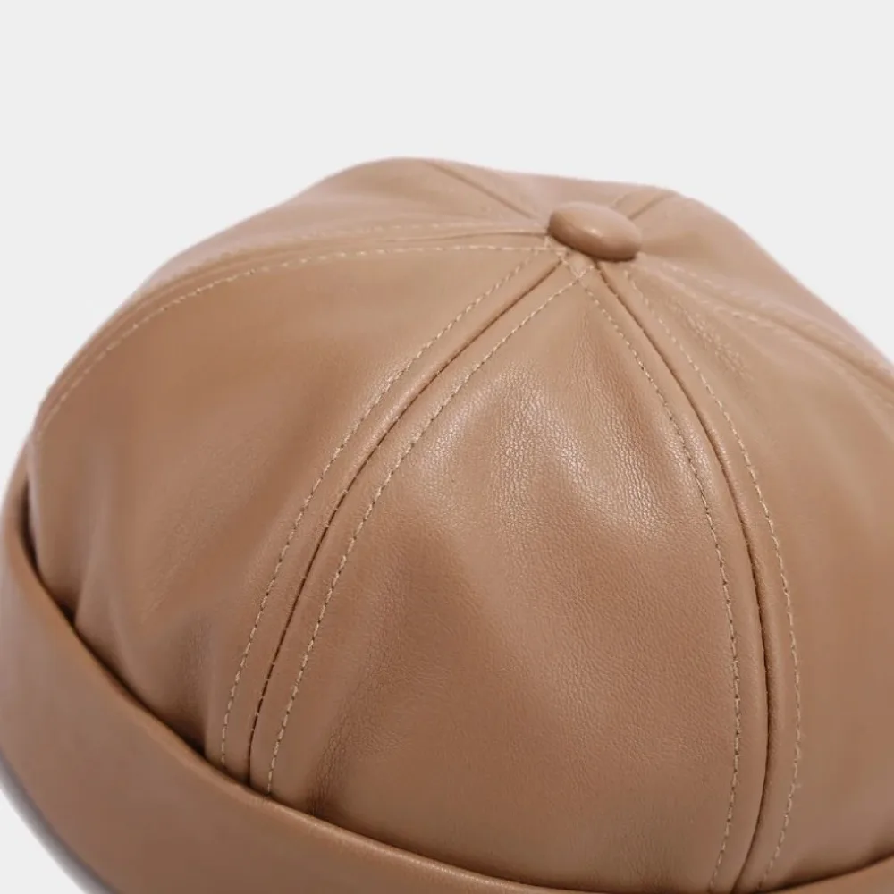 Quality Retro Brimless Hat Solid Color PU Leather Cap Adjustable Landlord Hat Landlord Hat Melon Skin Caps Adjustable Docker Cap 5