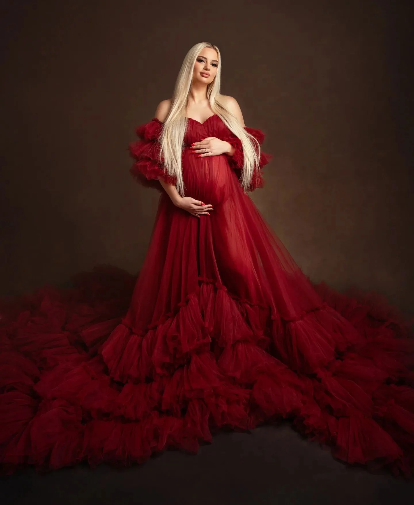 

Elegant A Line Maternity Dress For Photoshop Tulle Sweetheart With Detachable Sleeves Puffy Ruffle Pregnancy Gown For BabyShower