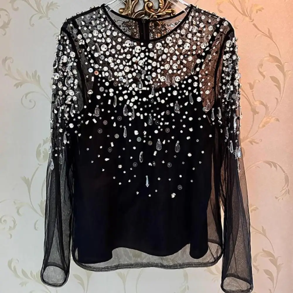 

Fashion High End Women Shirt Diamond Inlaid Transparent Sexy Top Shirt Elegant Luxury Lace Slim Fit Long Sleeve Top 2023 New