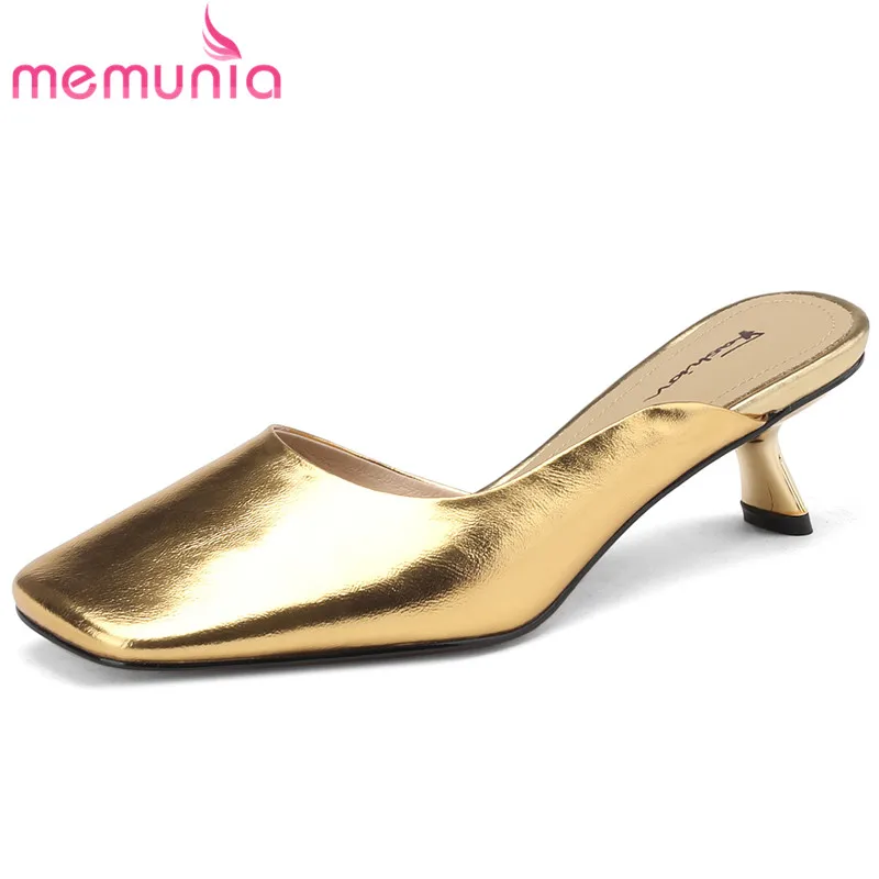 

MEMUNIA 2023 New Genuine Leather Square Toe Slippers Woman Ladies Mules Outside Summer Shoes Thin Med Heels Slippers