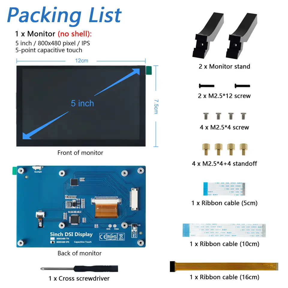 Freenove Touchscreen for Raspberry Pi 5 4 Screen Display 5/ 7 Inch IPS/ TN 800x480 Pixel 5-Point Capacitive Touch Driver-Free image 6