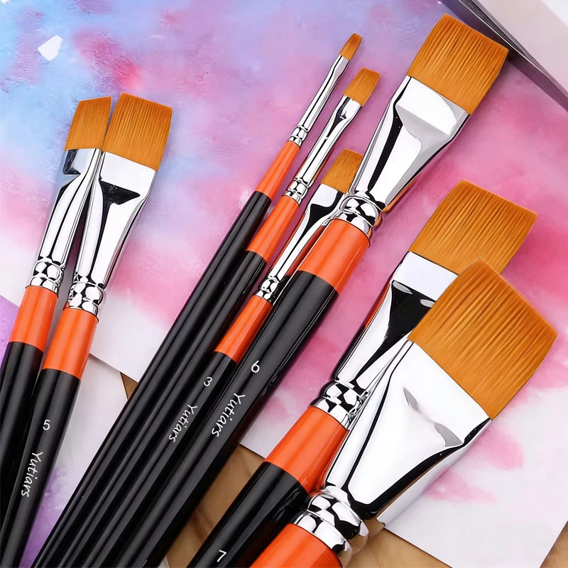 8Pcs 플랫 나일론 헤어 페인트 브러쉬 세트 수채화 아크릴 오일 구아슈 페인팅 애호가 및 초보자를 위한 내구성 있는 미술 도구