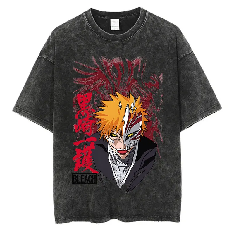 

Harajuku Retro Wash Tshirts Men's Anime Bleach Printed 100% Cotton T-shirts Hip Hop Streetwear Casual Y2K Summer Top Tee