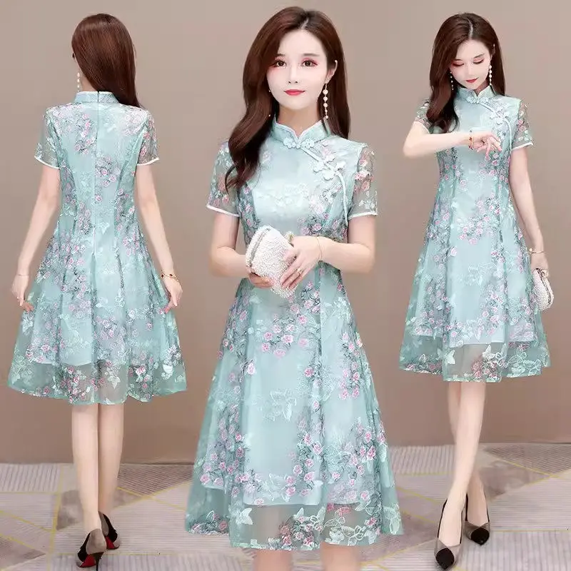 

Improved Cheongsam Dress For Women 2024 Summer New Temperament Short Sleeve Mesh Embroidery Qipao Dress Mini K200