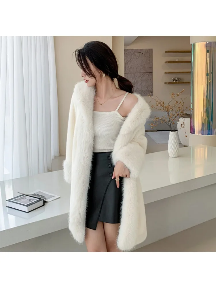 Casaco de pele glamoroso de vison feminino, casaco fino monocromático, gola de camurça, veludo, novo estilo, moda coreana, inverno Y2k