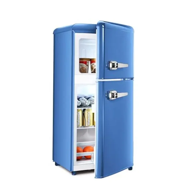Double Door Mini Fridge Freezer Combo 3.2CF Glass Shelf 360° Cooling Technology Energy Star Blue Refrigerator Freezer Office 1
