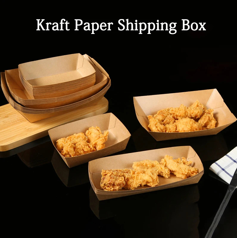 100 PCS Of Kraft Paper Transport Box Non Folding Disposable Kraft Paper Boat Box Barbecue French Fries Rice Cake Packaging