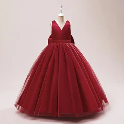 Elegant Girls' White Bridesmaid and Party Dress with Bow Detail - Size 8 (Dark red)