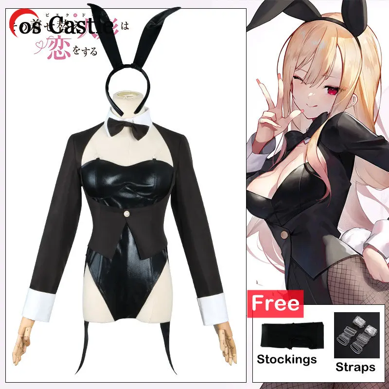

Anime My Dress-Up Darling Marin Kitagawa Bunny Girl Cosplay Costume Wig Artificial Leather Sexy Suit Wig Rabbit Jumpsuit Ear