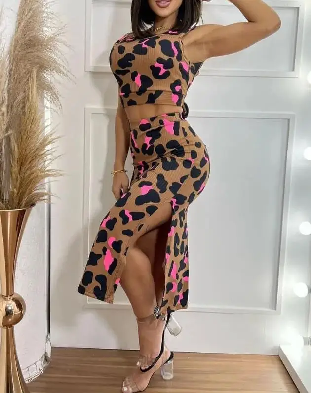 2 Piece Set Women Outfit Summer Fashion Leopard Print Tied Detail Round Neck Sleeveless Backless Top & High Waist Slit Skirt Set