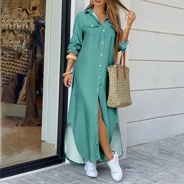 Cardigan Dress Casual Irregular Women Maxi Dress Summer Solid V-Neck Long Sleeve 1