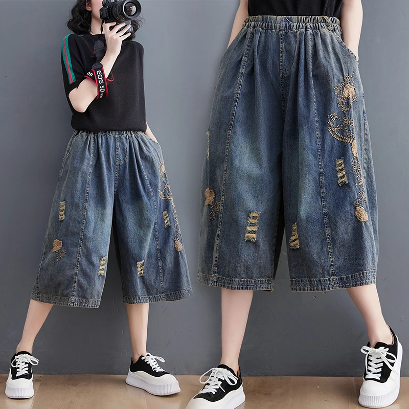 

Summer Fashion Women Elastic Waist Vintage Embroidery Ripped Hole Denim Female Comfortable Loose Casual Shorts Calf Length Pants