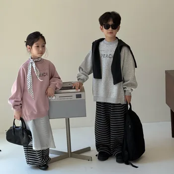 2025 Autumn New Children Long Sleeve Sweatshirt Girls Simple Letter Print Pullover Boys Casual Loose Tops Cotton Kids Clothes